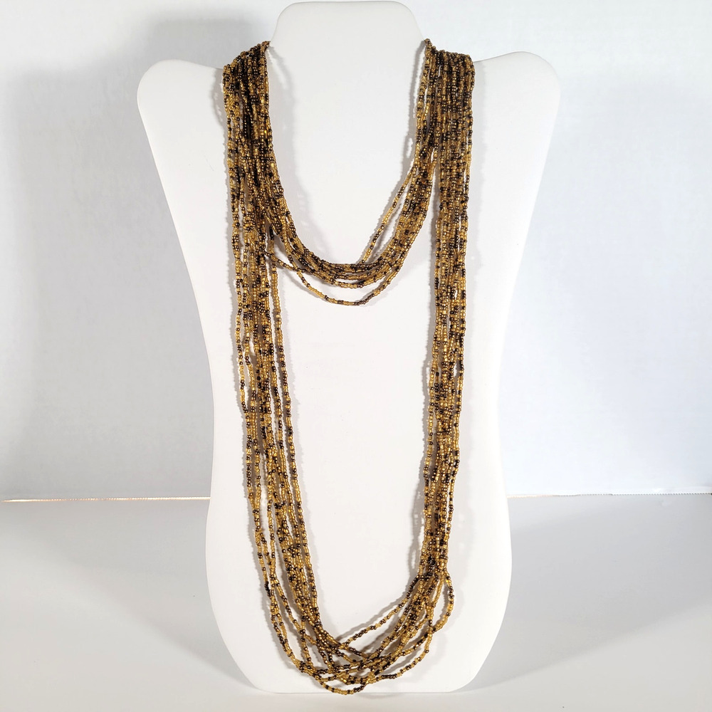 48" Long Brown Gold Seed Bead Necklace Boho Multistrand India Handmade  NEW